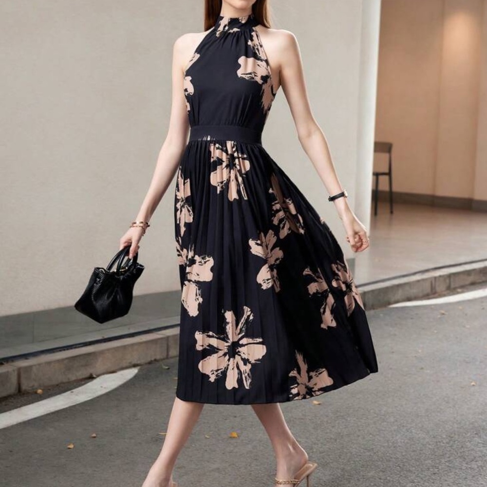 Turtle Neck Floral Print Midi Dress XS